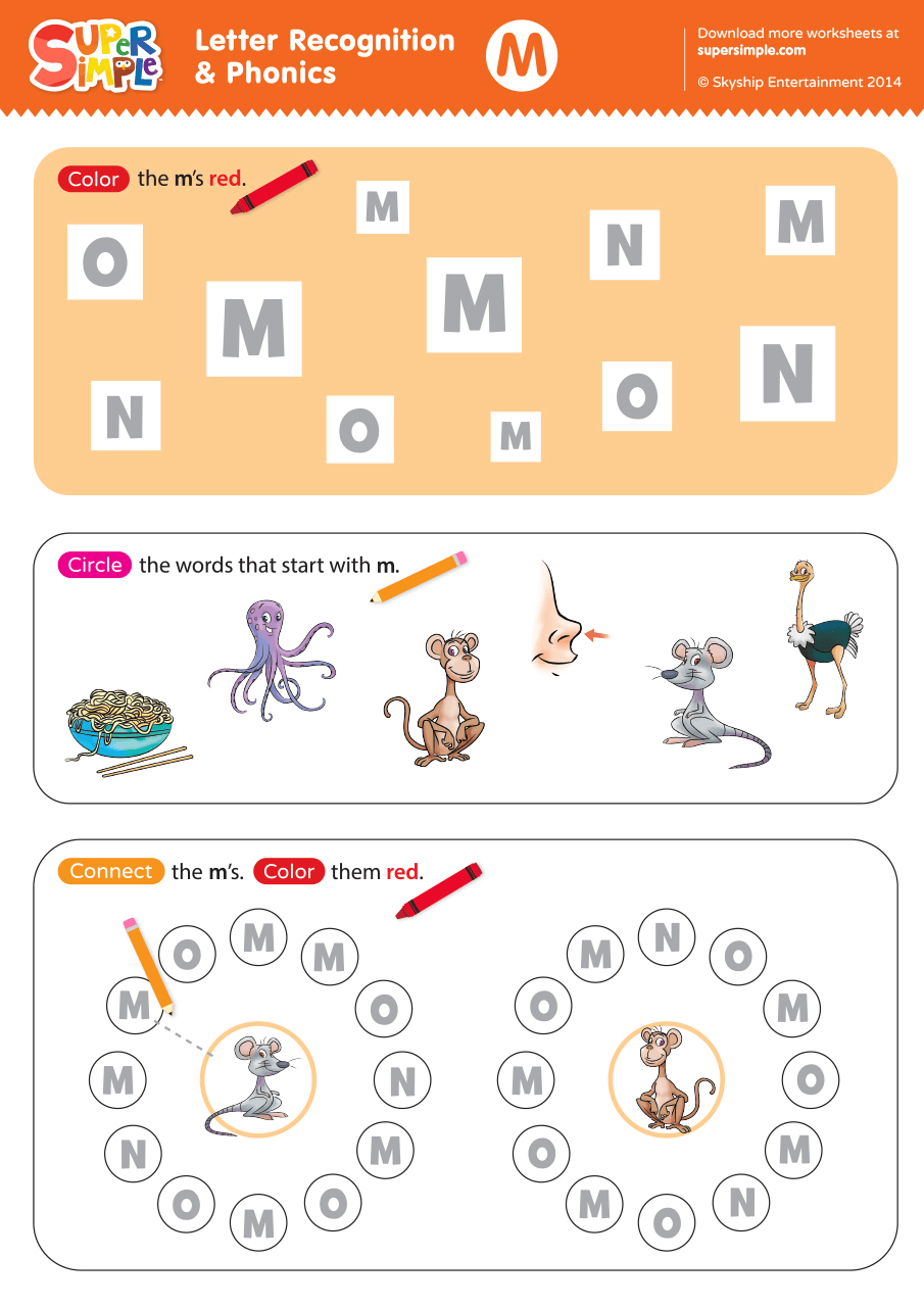 letter recognition & phonics worksheet - m (uppercase) - super simple
